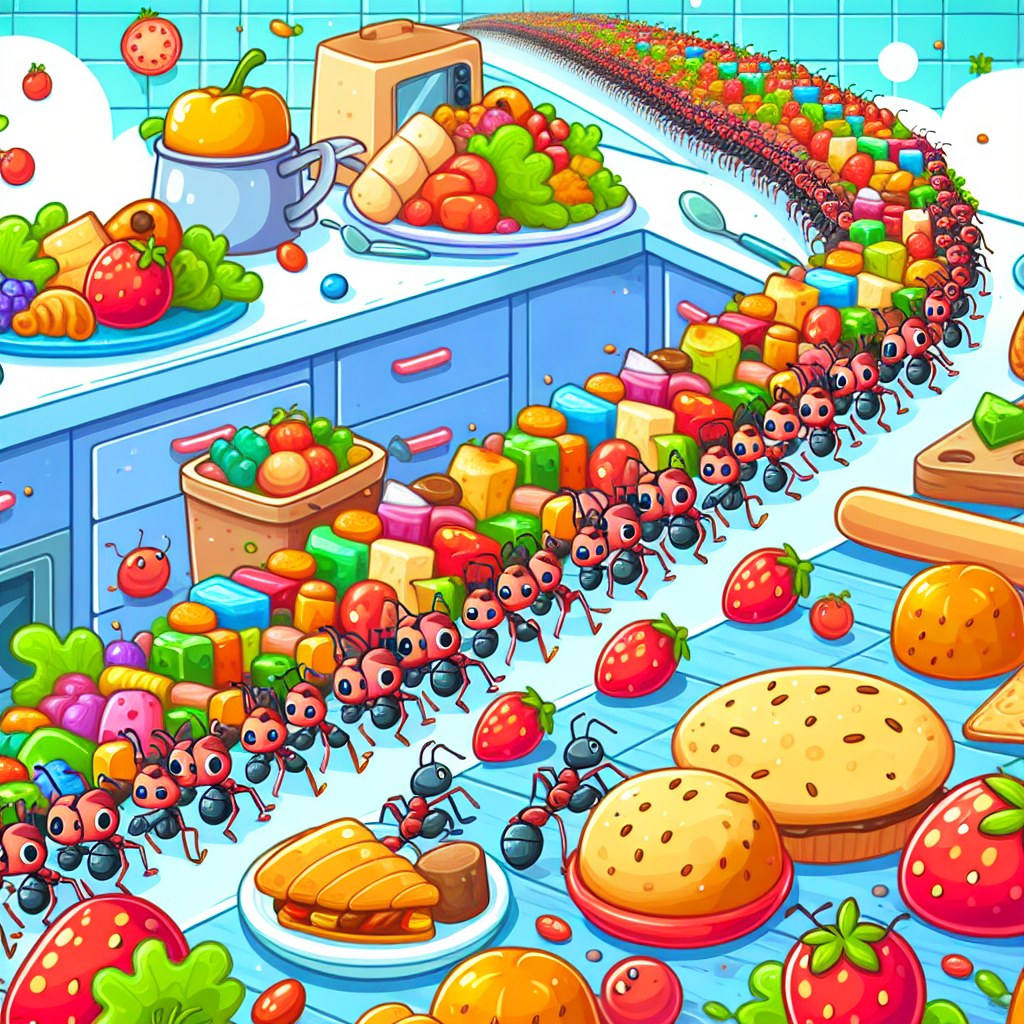 A whimsical illustration of ants marching through a kitchen with various food items around, showcasing their invasion. The style should be comic and colorful.