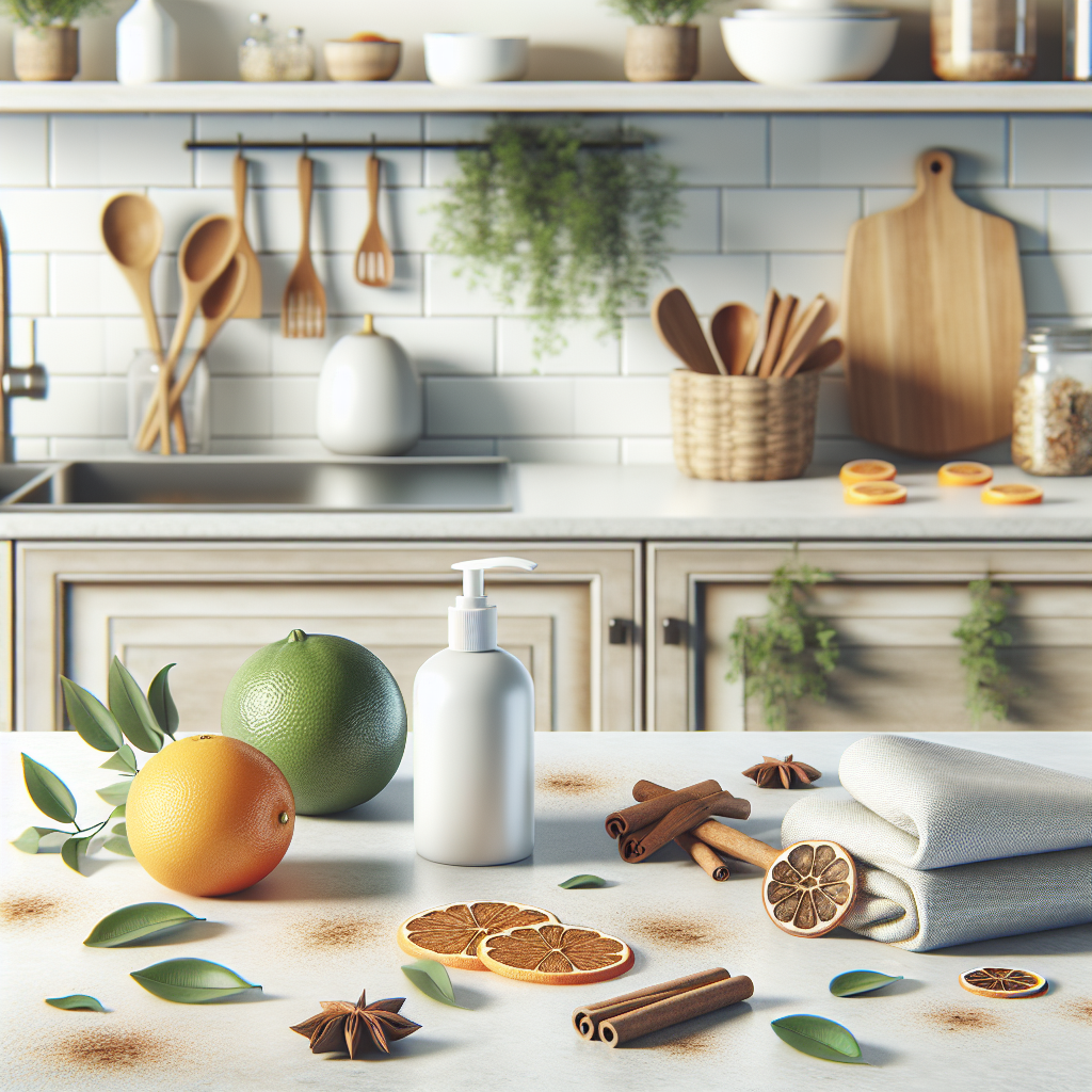 A clean kitchen countertop with no crumbs visible, showcasing eco-friendly pest solutions like citrus peels and cinnamon scattered around