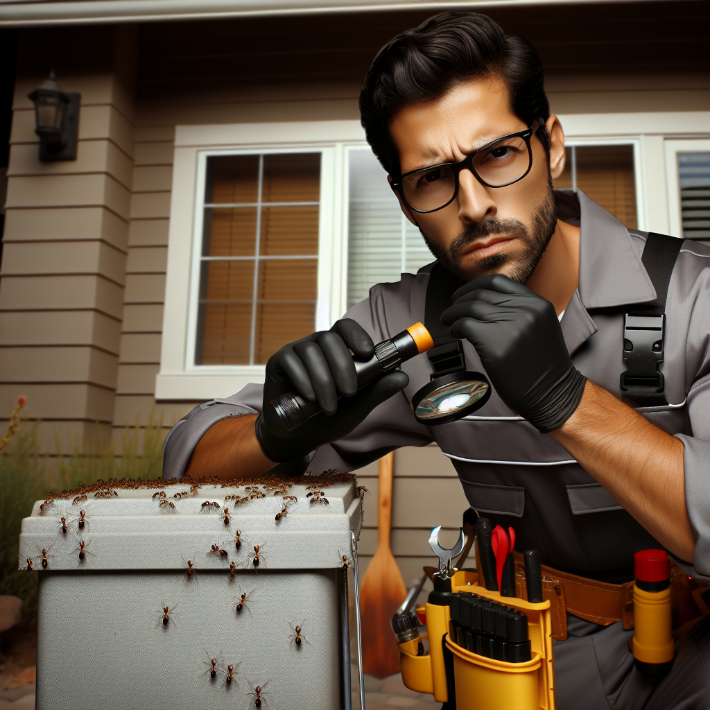 A professional exterminator inspecting a home for ant infestations with tools and equipment