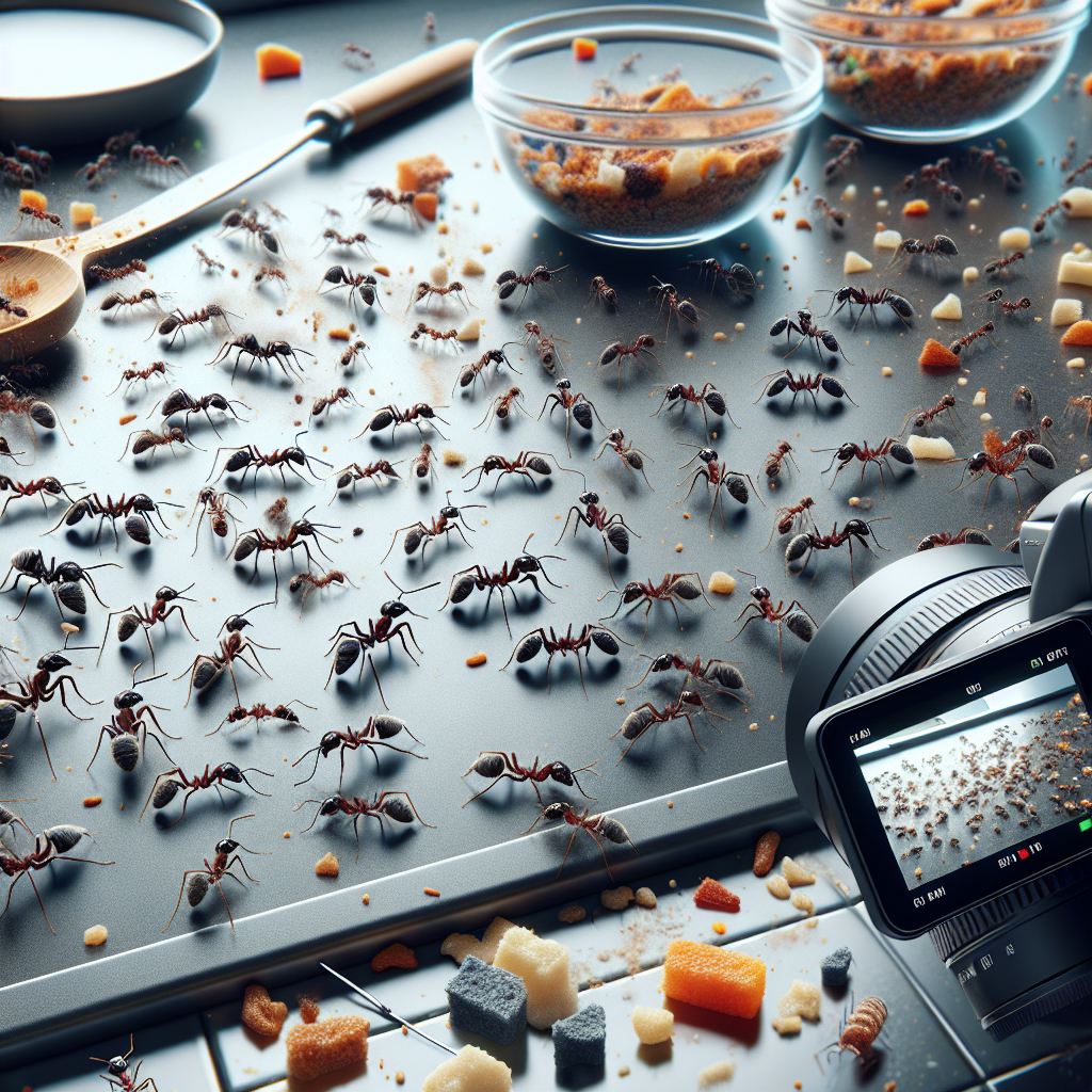 A close-up shot of various ant species on a kitchen countertop with crumbs scattered around