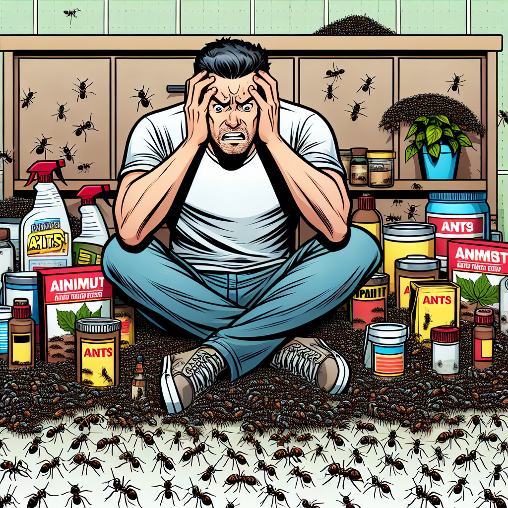 A humorous cartoon depicting an overwhelmed homeowner surrounded by ants while looking at ineffective DIY pest control products