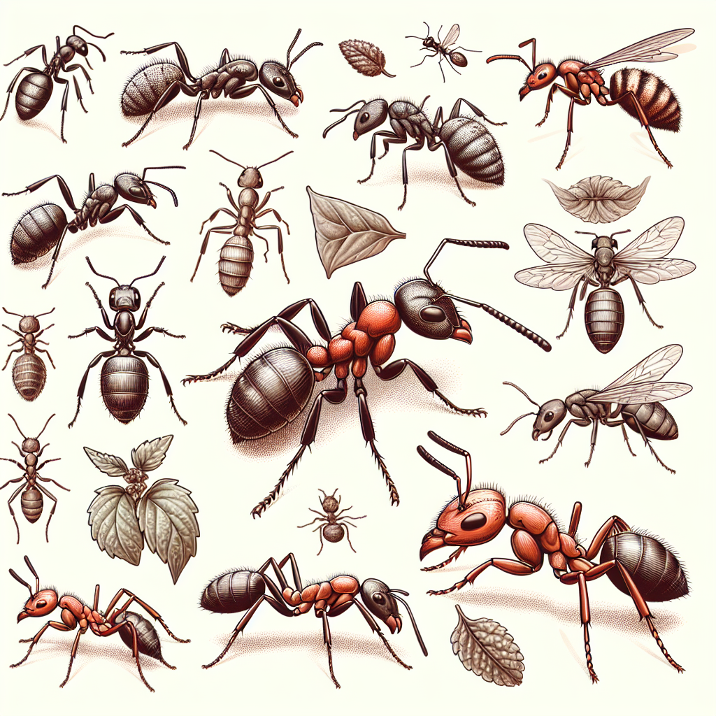 A close-up view of various ant species commonly found in homes, showcasing their differences in size and color