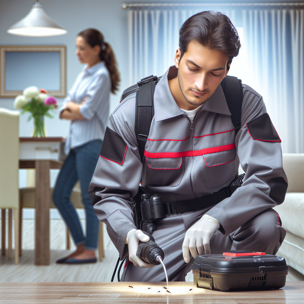 A professional pest control technician inspecting a home for ants with advanced tools