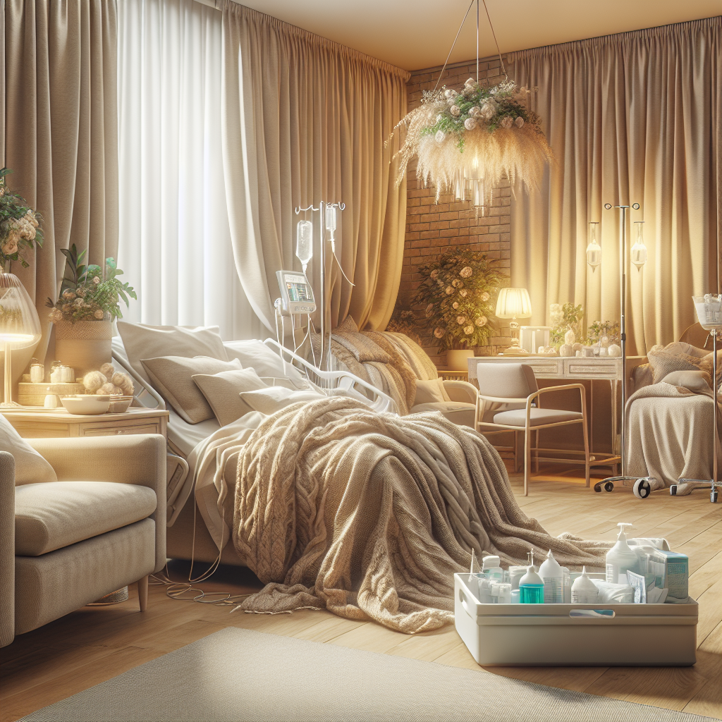 A cozy living room setup for post-surgery recovery, featuring soft blankets, pillows, and medical supplies organized neatly