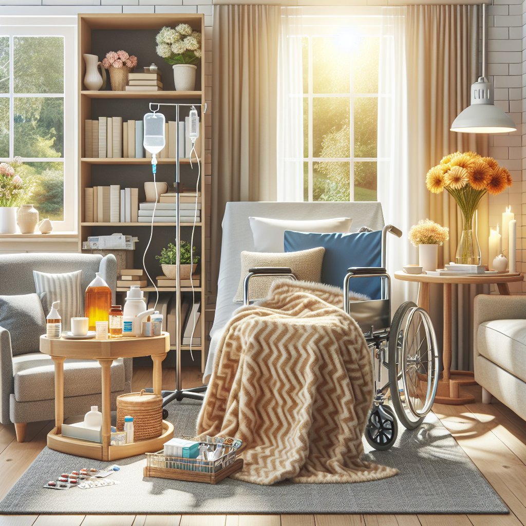 A cozy living room setup for post-surgery recovery with medical supplies and comfort items