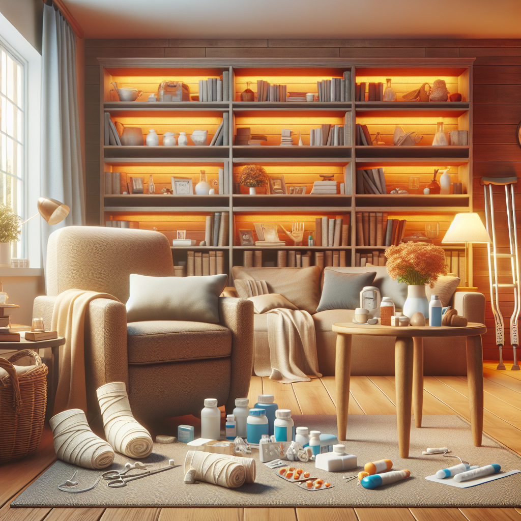 A cozy living room setup for post-surgery recovery with comfortable seating, medical supplies neatly organized, and entertainment options visible
