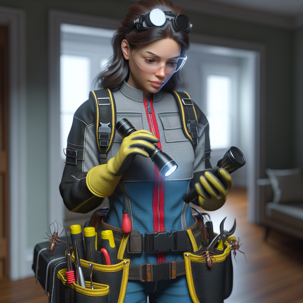 A friendly local exterminator inspecting a house for pests with various tools and equipment