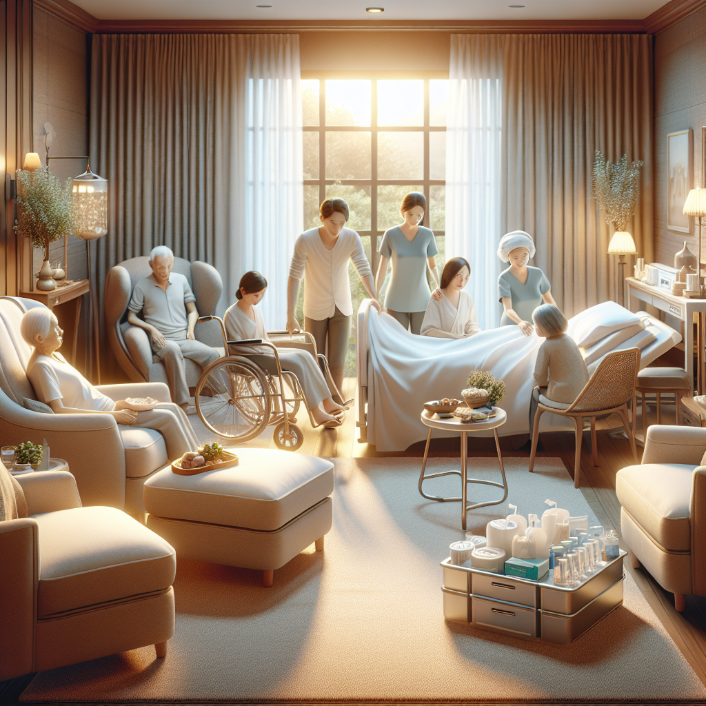 A warm and inviting home setting designed for post-surgery recovery, featuring comfortable furniture, medical supplies neatly organized, and family members providing support