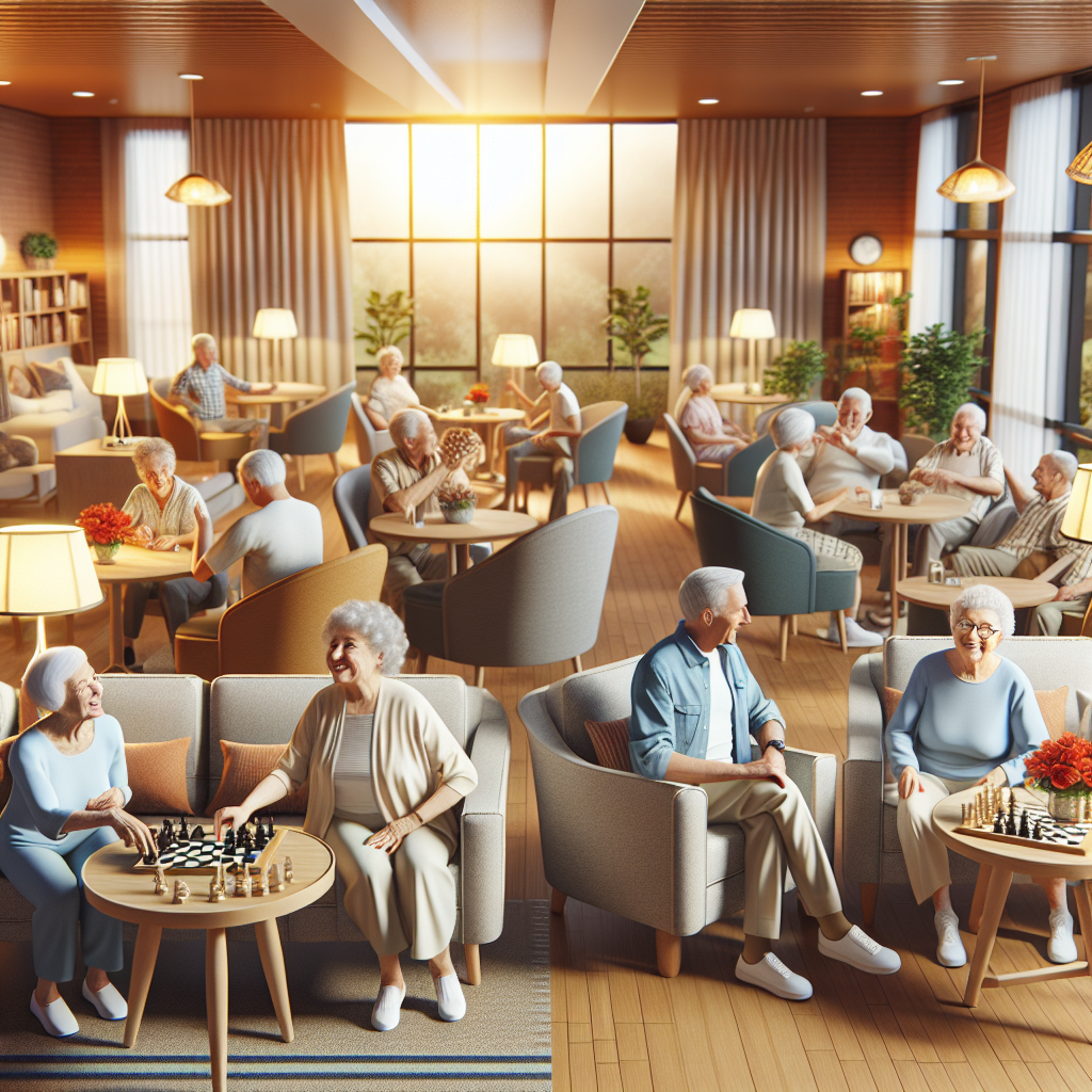 A cozy personal care home with warm lighting, inviting common areas, and happy seniors engaging in activities together