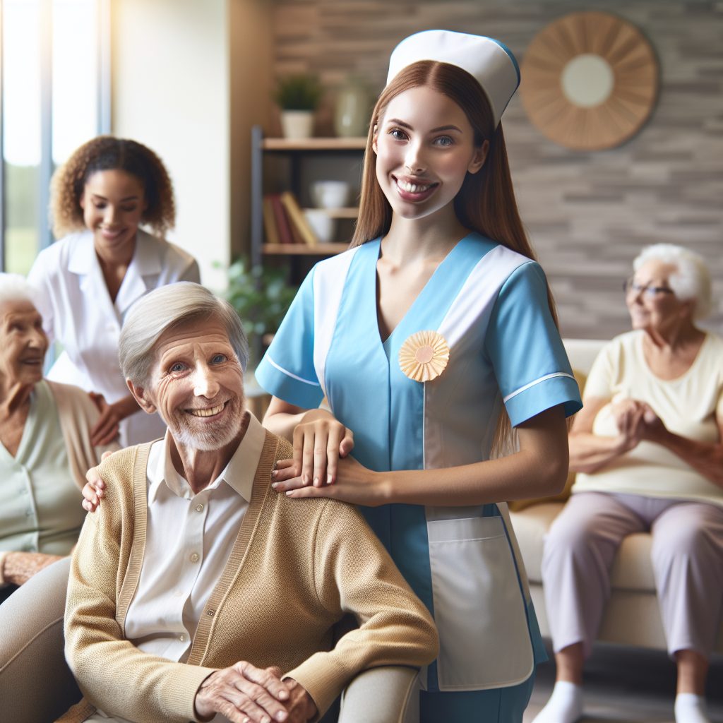 A cozy personal care home environment with smiling staff assisting elderly residents