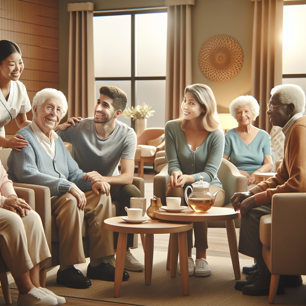A cozy personal care home environment with happy seniors interacting with attentive staff