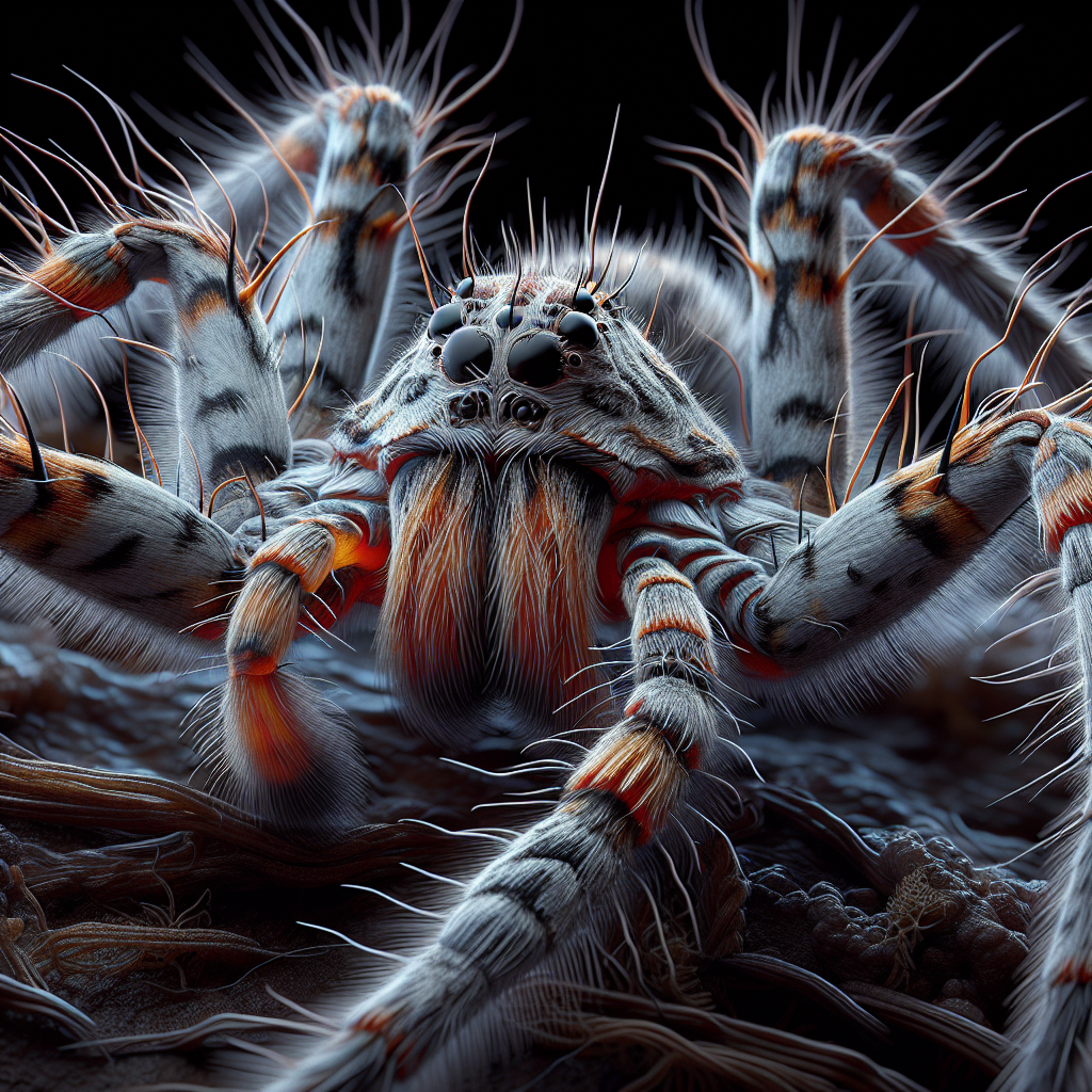 A close-up view of a wolf spider in its natural habitat in Indiana, showcasing its unique features and colors