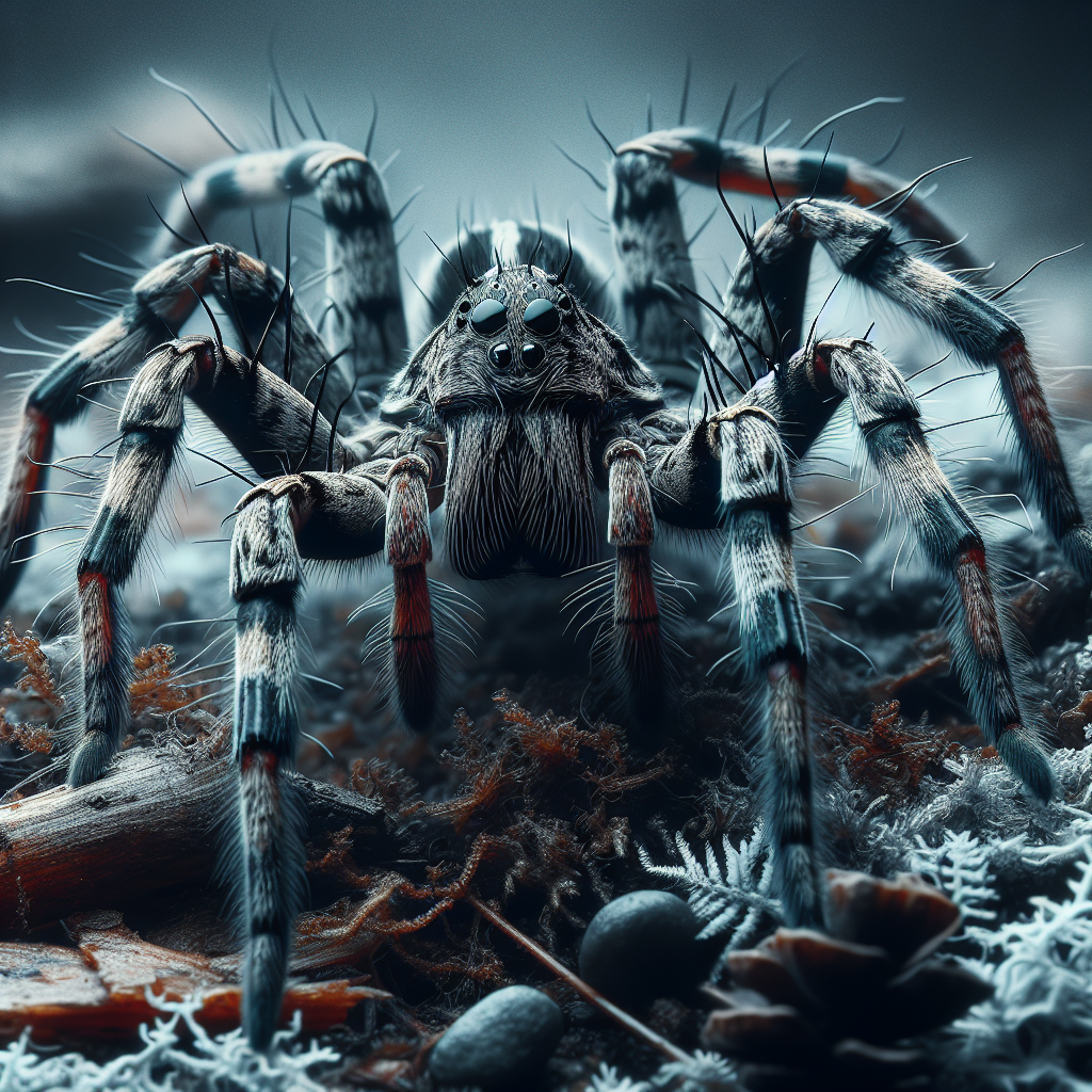 A close-up view of a wolf spider in its natural habitat in Indiana, showcasing its distinctive markings and features.