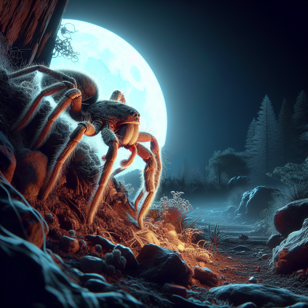 A close-up of a wolf spider in its natural habitat at night, showcasing its nocturnal hunting behavior