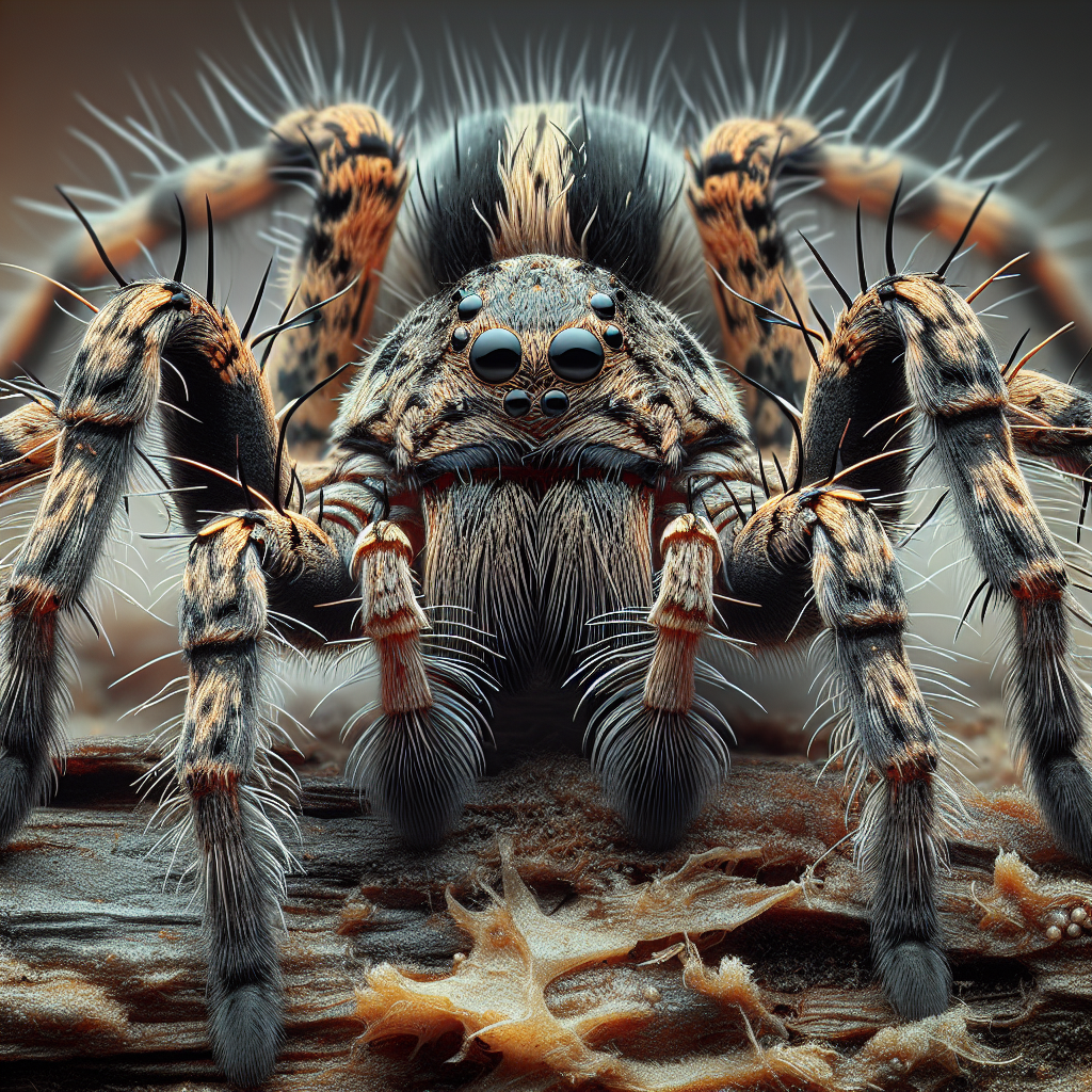 A close-up photo of a wolf spider in its natural habitat in Indiana, showcasing its unique features like large eyes and hairy legs.