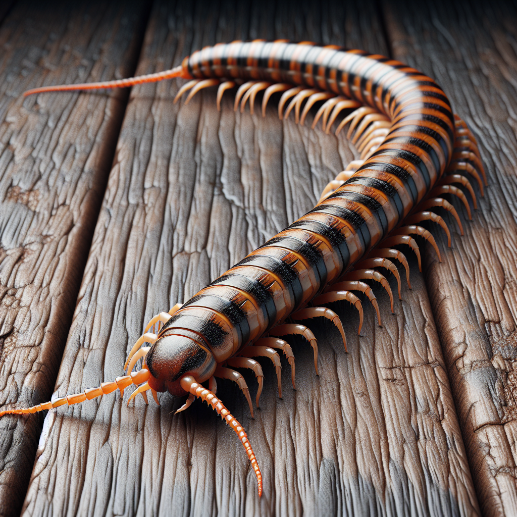A close-up view of a house centipede on a wooden floor