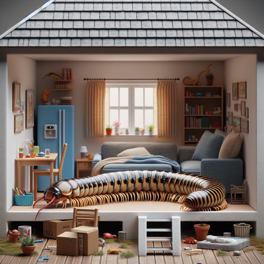 A close-up image of a house centipede in its natural habitat within a home setting