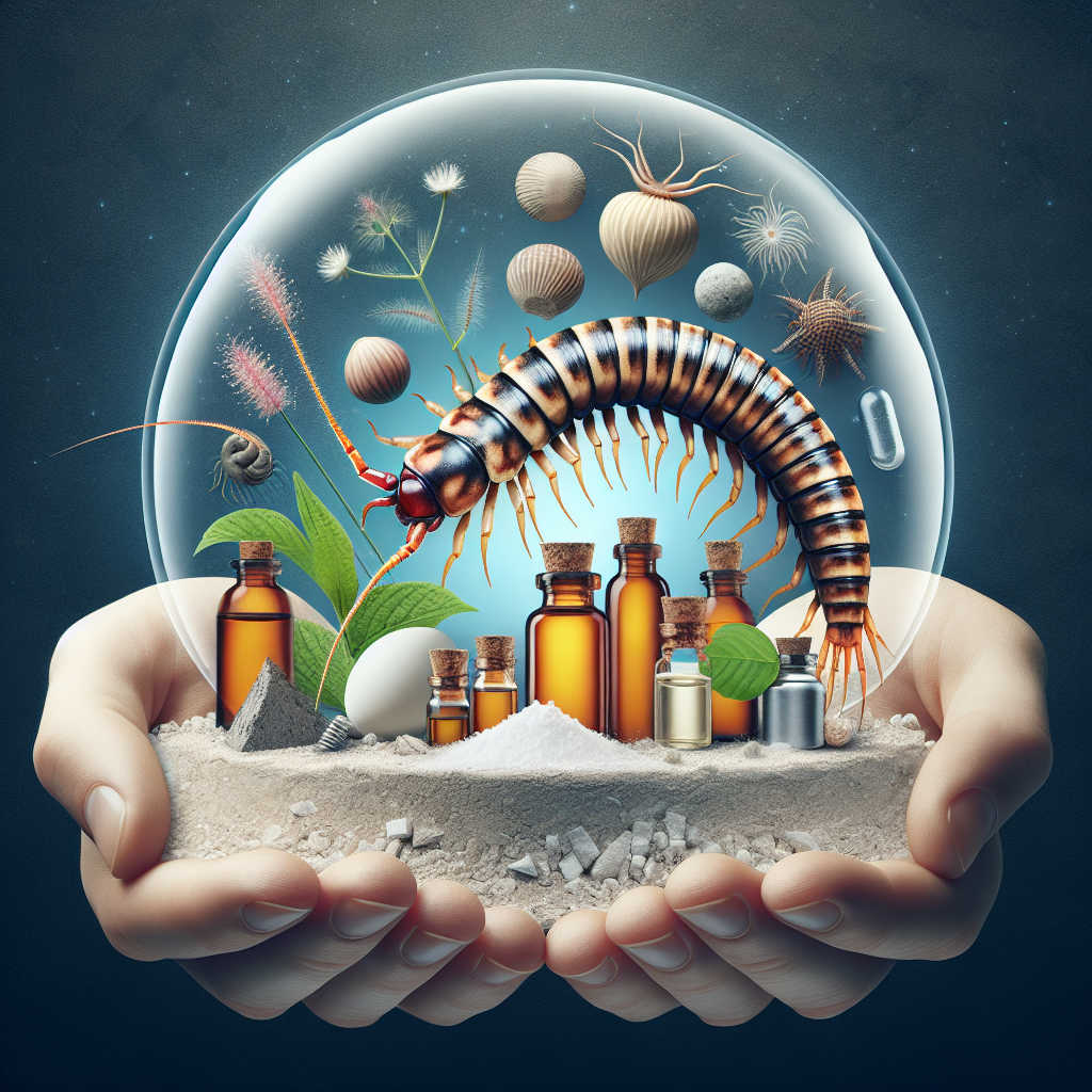 A vibrant image depicting various natural remedies against house centipedes including essential oils and diatomaceous earth