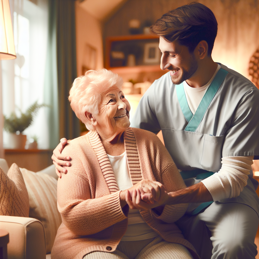 An elderly person happily engaging with a caregiver at home, showcasing warmth and companionship