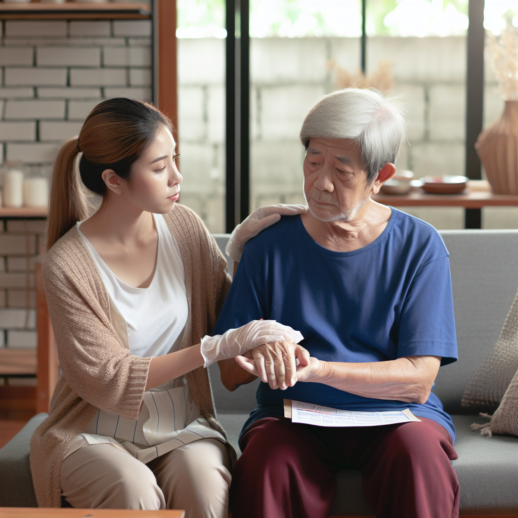 A warm and inviting living room scene where a caregiver is assisting an elderly person with daily activities.