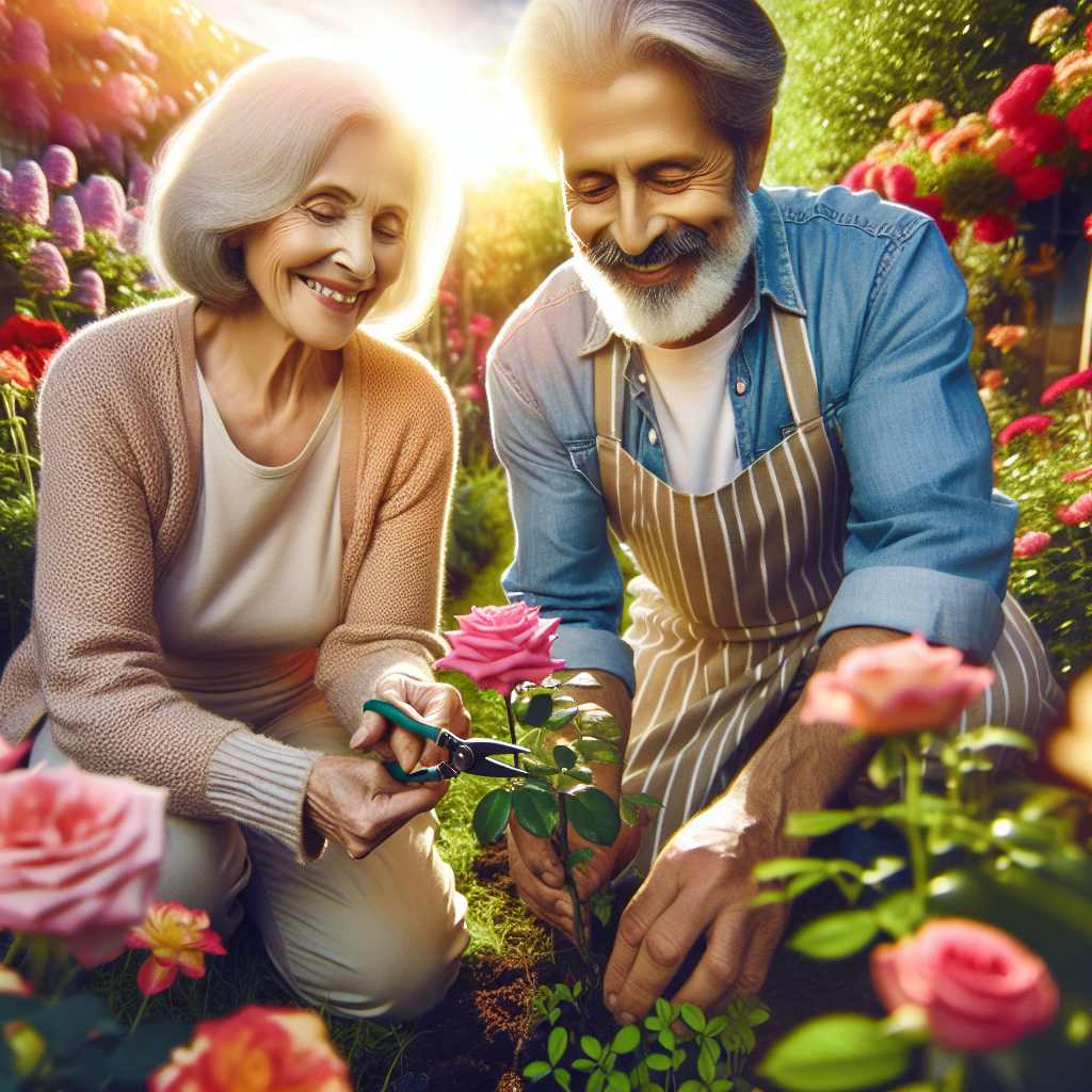 An elderly woman gardening with her companion on a sunny day