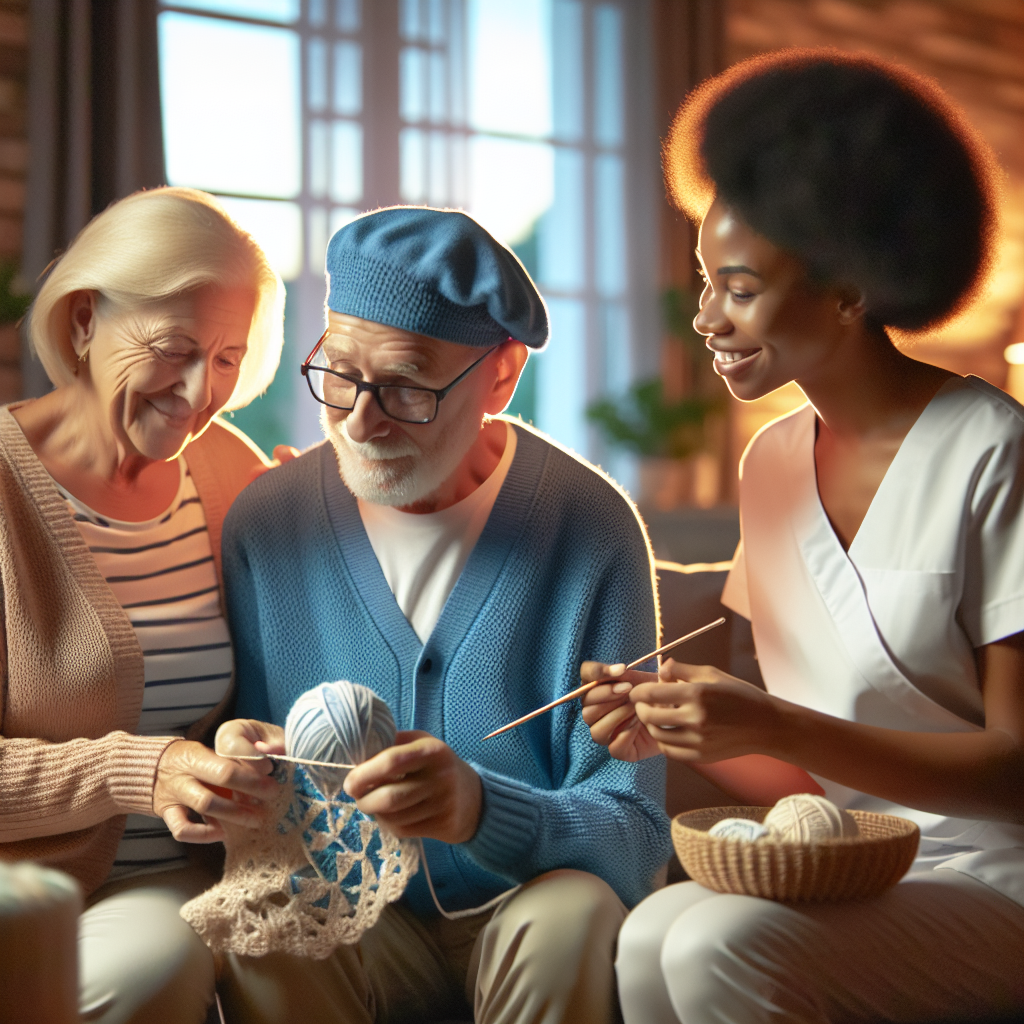 An elderly couple enjoying their time at home with a caregiver assisting them