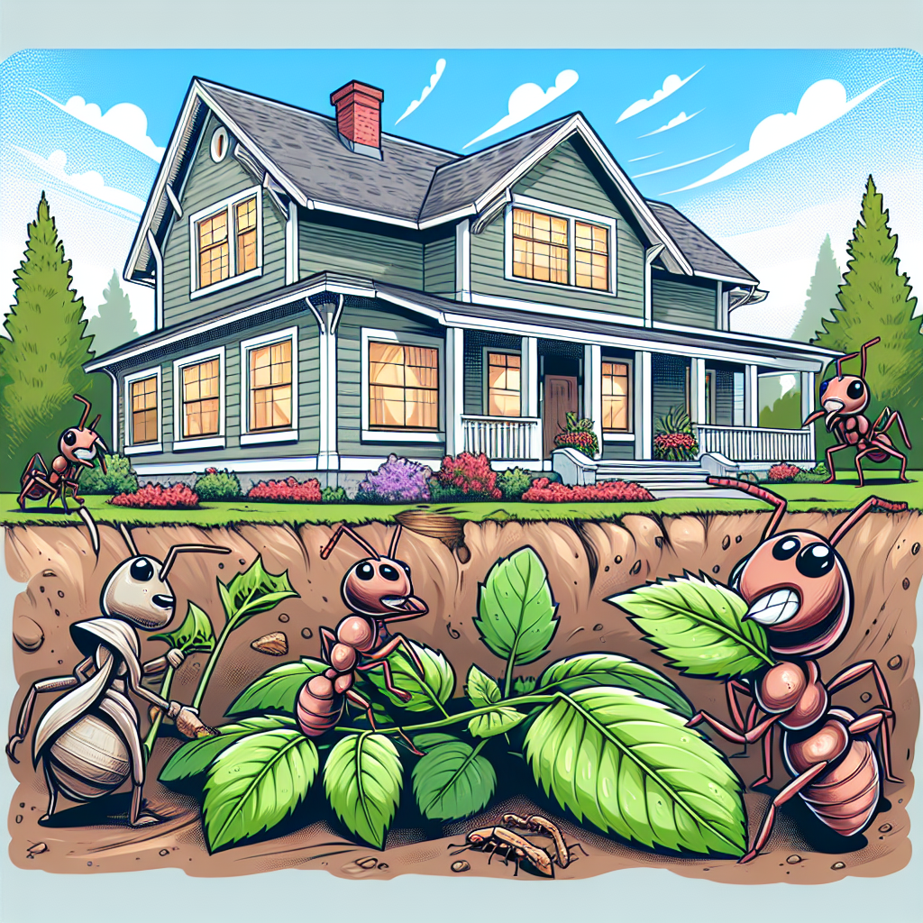 A cozy suburban home in Fishers IN with a garden and a cartoonish depiction of common pests like ants and termites around it