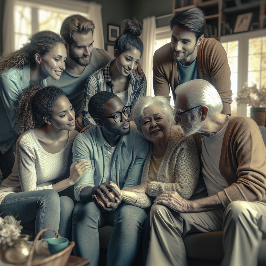 A warm family scene depicting adult children discussing caregiving options with their elderly parents in a cozy living room