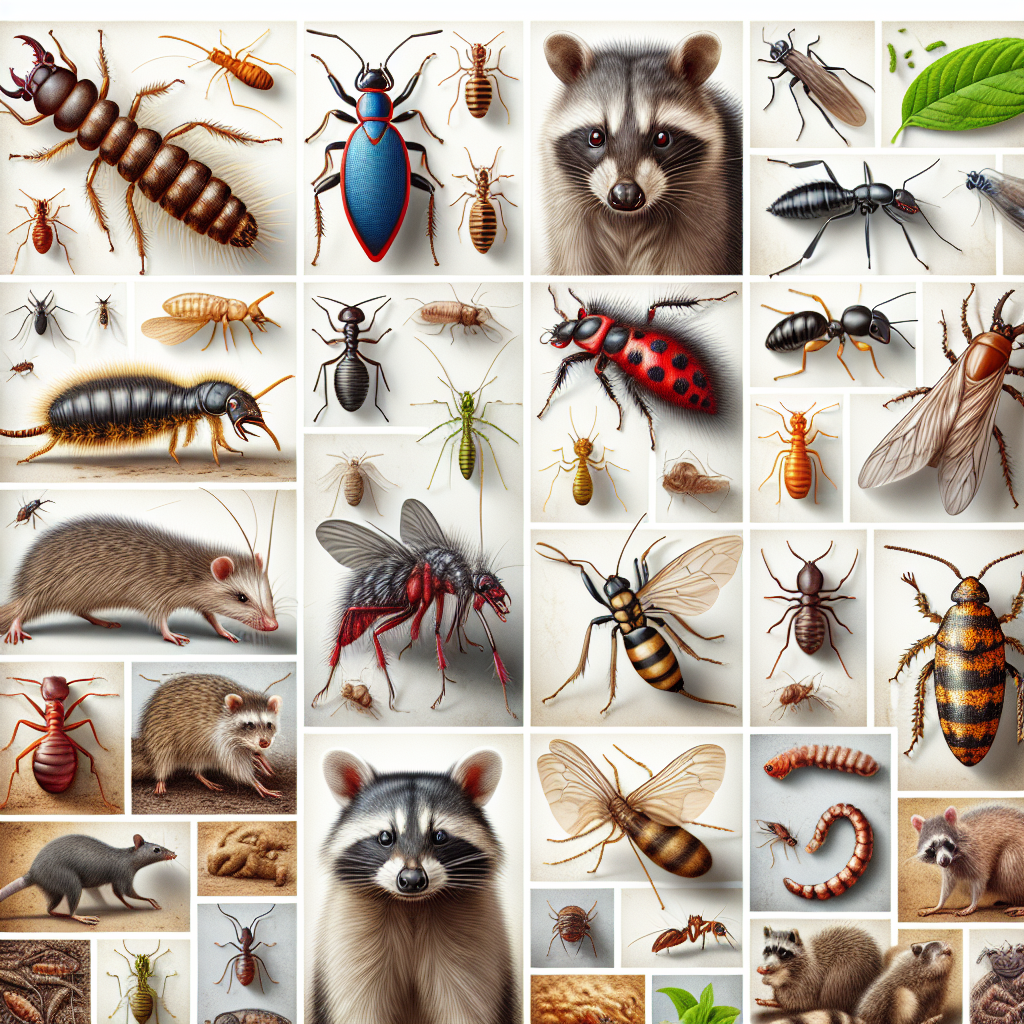 A collage of common household pests including termites, rodents, bed bugs, ants, mosquitoes, cockroaches and wildlife such as raccoons