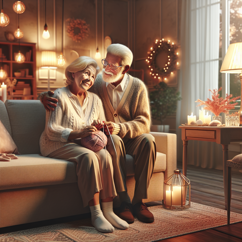 A cozy living room setting showing an elderly couple enjoying time together with a caregiver nearby assisting them