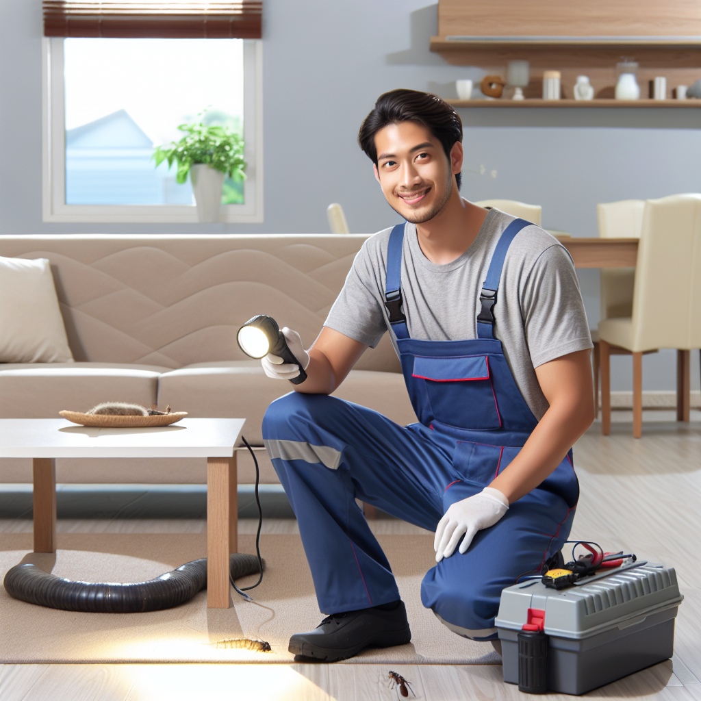 A friendly professional exterminator inspecting a home for pests