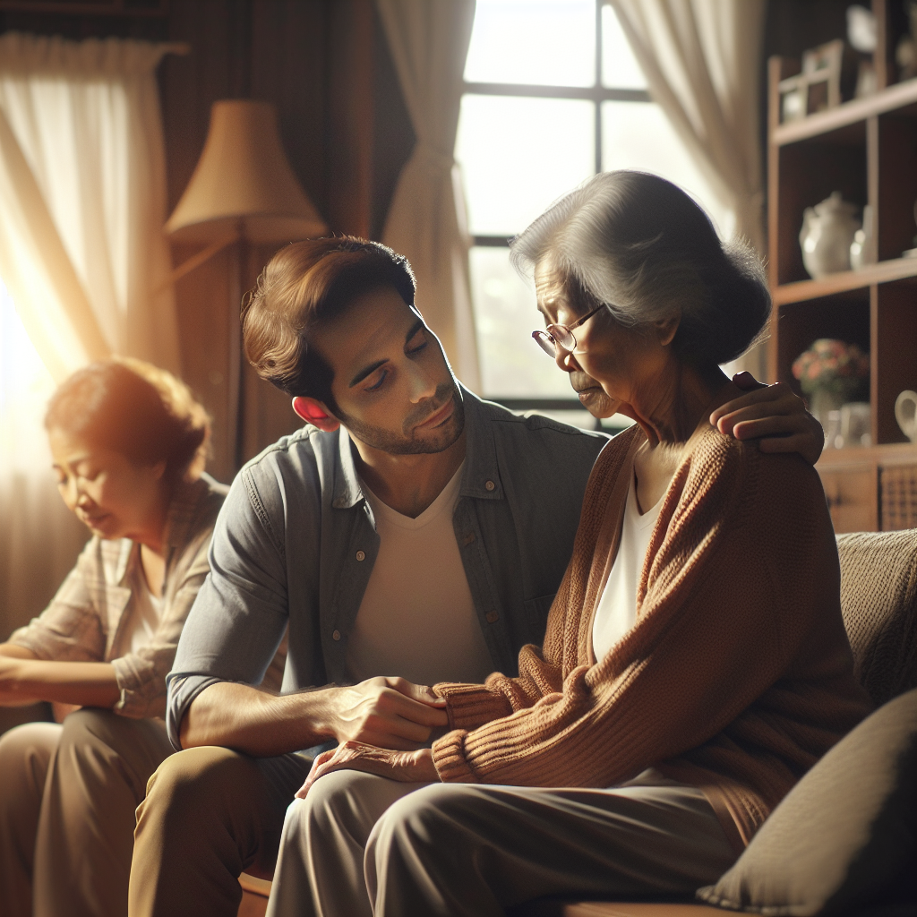 A warm family scene showing an adult child caring for an elderly parent with dementia in a cozy living room setting