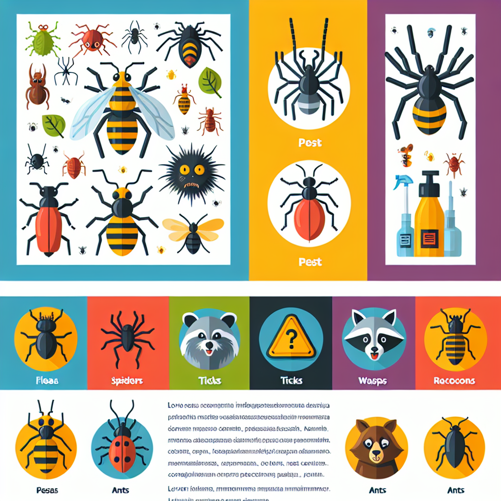 A colorful illustration showing various pests like fleas, spiders, ticks, wasps, raccoons, and ants with their respective pest control solutions highlighted
