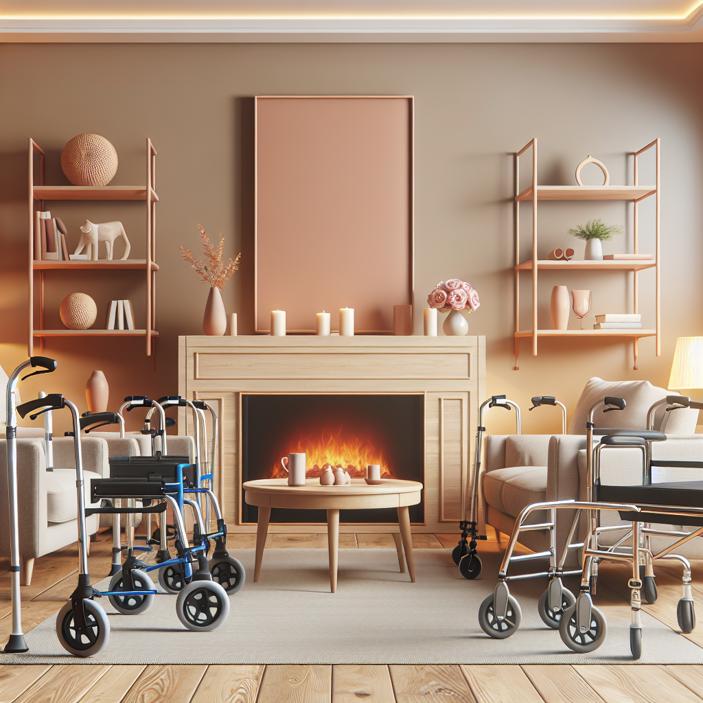 A cozy living room with various mobility aids like walkers, canes, and lift chairs arranged neatly.