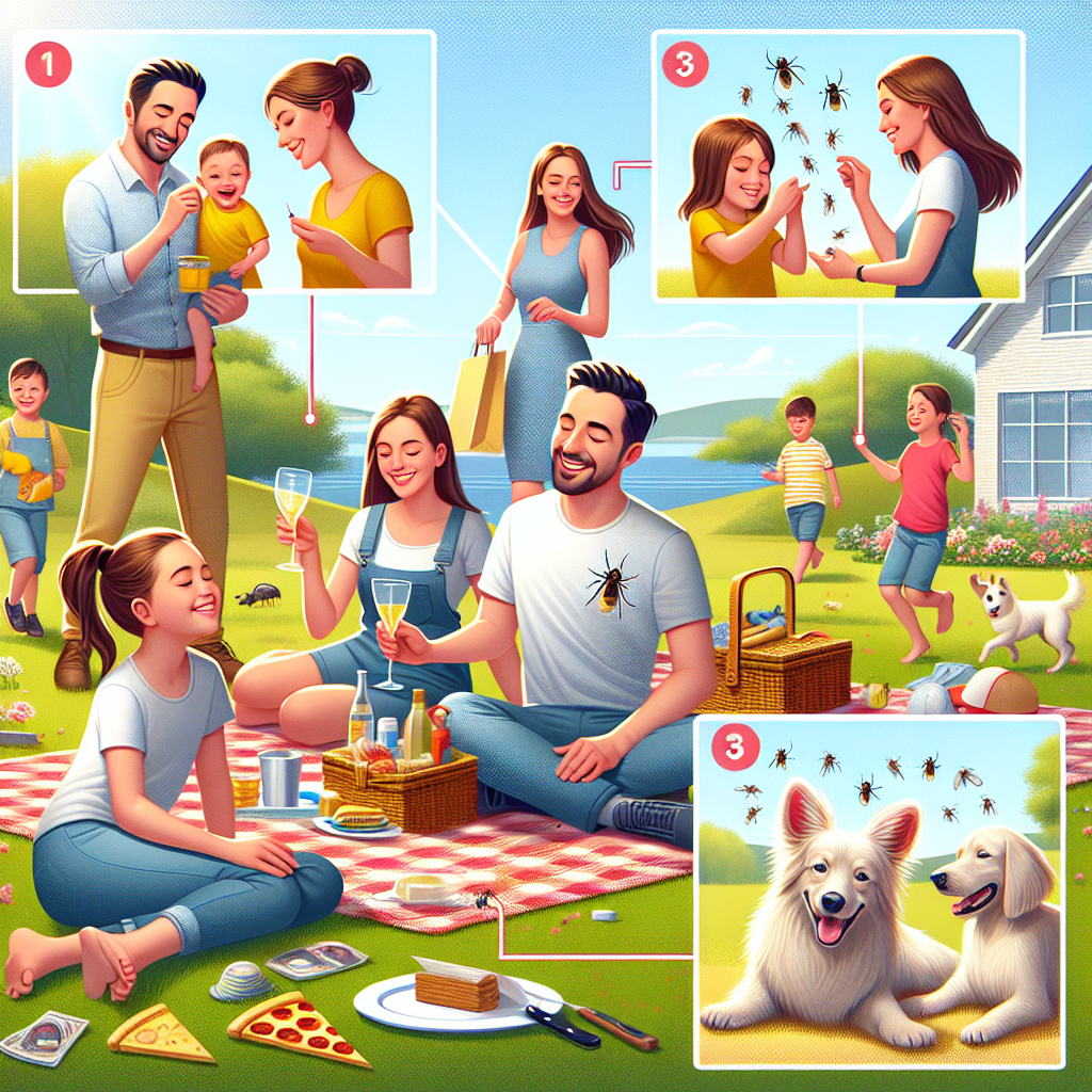 A family enjoying a sunny backyard picnic while their dog plays happily without ticks, showcasing a clean and safe environment
