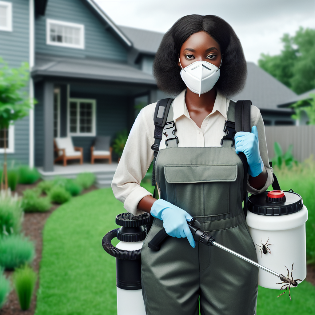 A professional pest control technician treating a yard for ticks