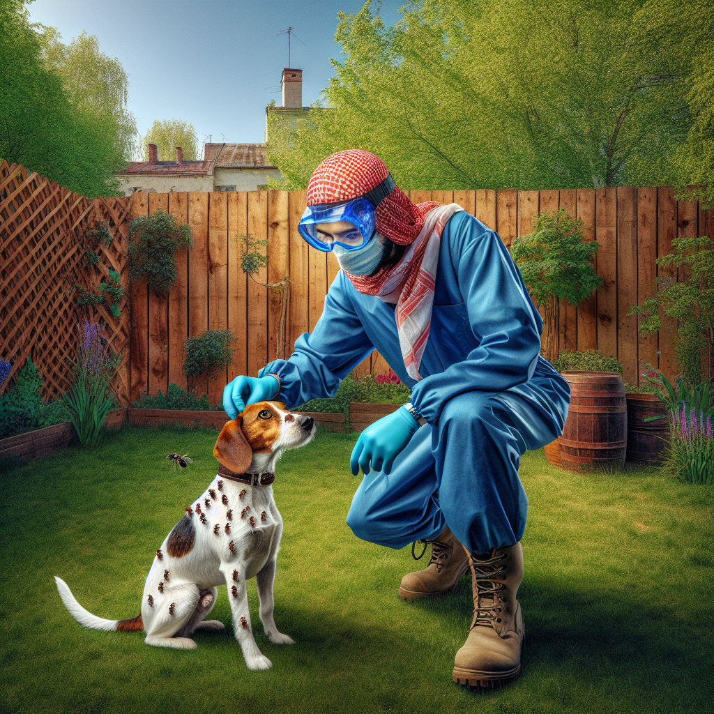 A friendly pest control technician removing ticks from a dog in a backyard setting