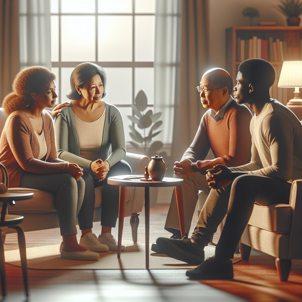 A warm family meeting discussing caregiving responsibilities with an elderly parent in a cozy living room