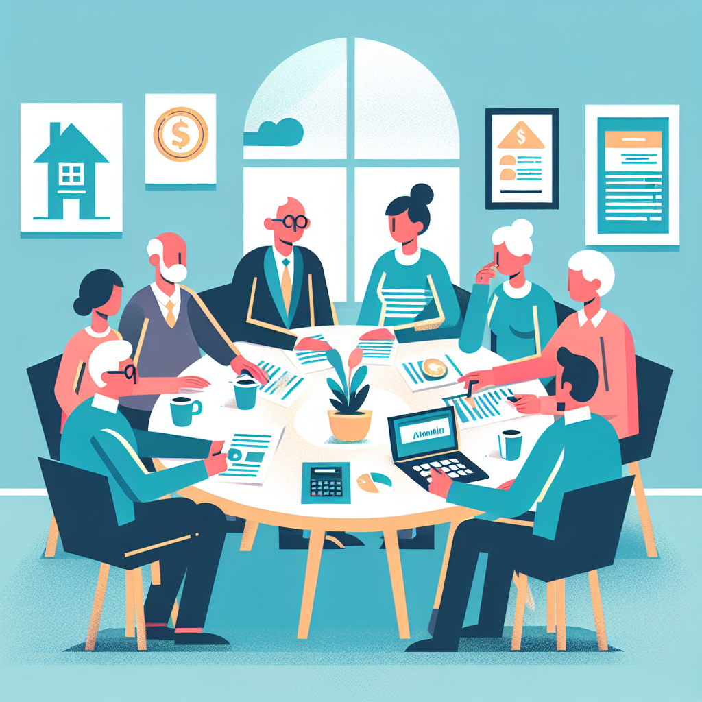 An illustration of a family discussing financial planning for eldercare around a table with documents and calculators