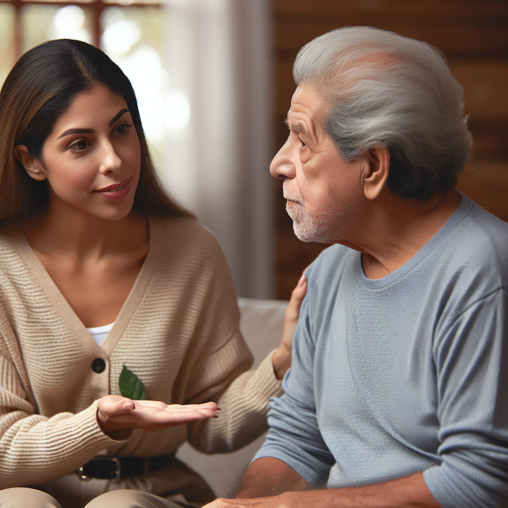 An adult child caregiver communicating with an elderly parent showing signs of dementia in a warm home setting