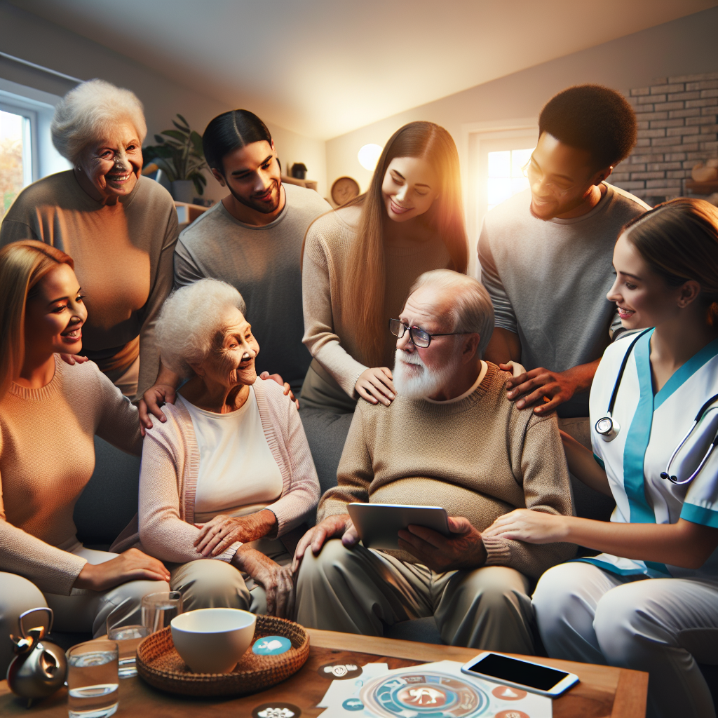 A warm family gathering around an elderly person in a cozy home setting, showcasing various elder care solutions like home health aides and technology aids