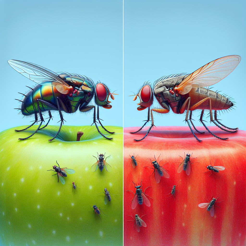 A close-up comparison image showing both fruit flies and gnats side by side in a kitchen setting
