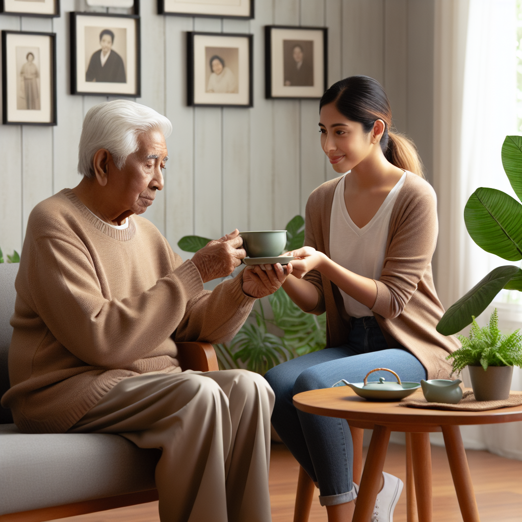 A warm scene depicting an elderly person enjoying tea with a caregiver in a cozy living room filled with plants and family photos