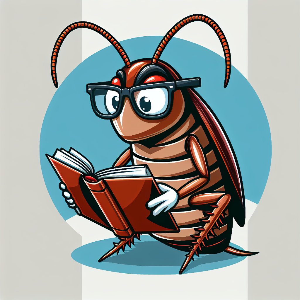 A humorous cartoon showing a cockroach wearing glasses reading a book on pest control tips
