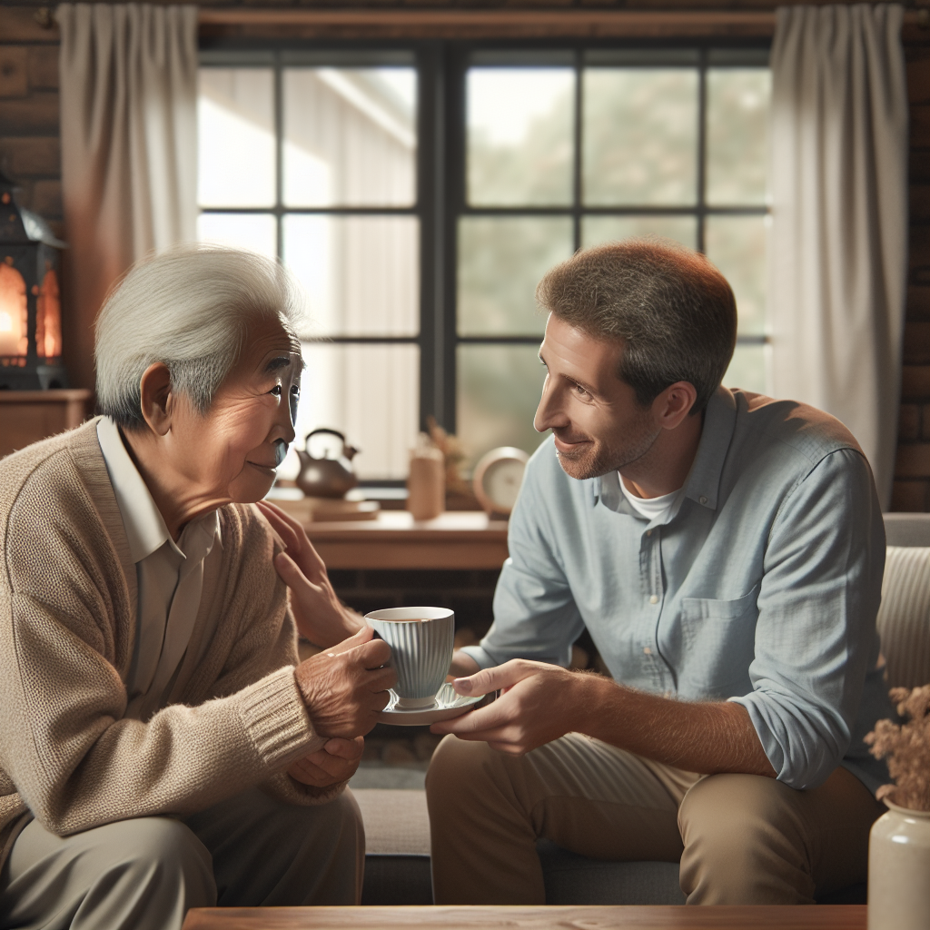 A warm scene showing an elderly person enjoying tea with a friendly companion in a cozy living room