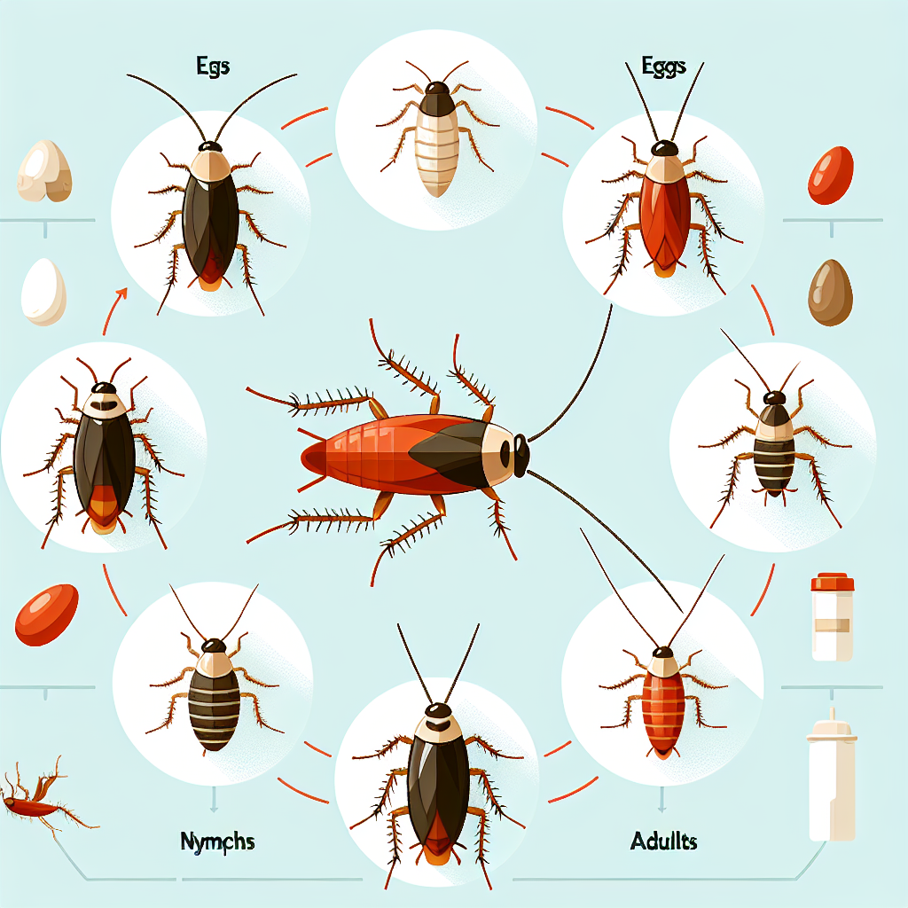 A detailed illustration showing the life cycle of cockroaches including eggs, nymphs, and adults with labels