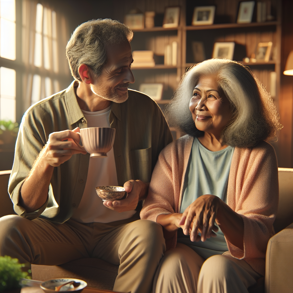 A warm scene depicting an elderly person enjoying tea with a friendly companion at home, showcasing companionship care in action.