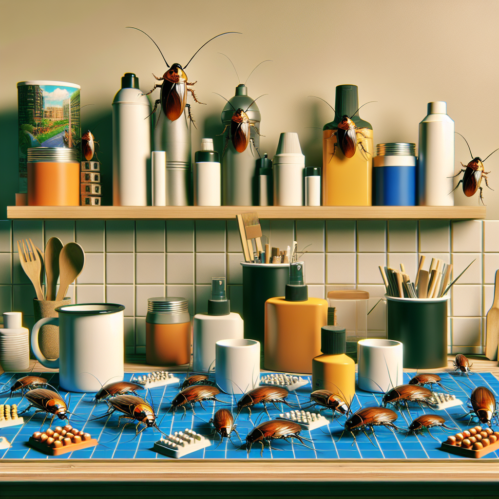 A variety of cockroach bait stations displayed on a kitchen counter