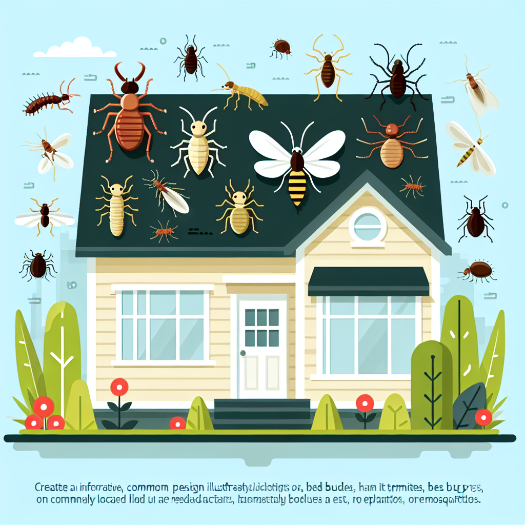 A vibrant illustration showing various common pests found in Mooresville like termites, bed bugs, and mosquitoes with a house in the background
