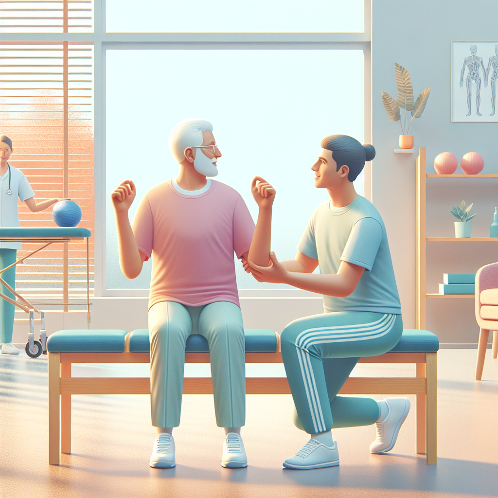 An elderly person engaging in physical therapy exercises with a therapist in a bright and cheerful rehabilitation center